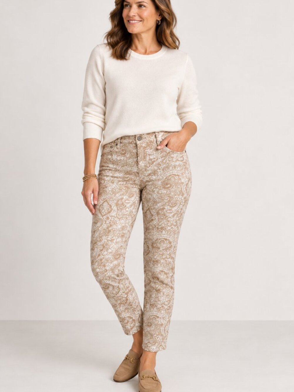 NWT Talbots Slim Ankle Jeans Star Paisley Tan Cream Women’s Petite 10P